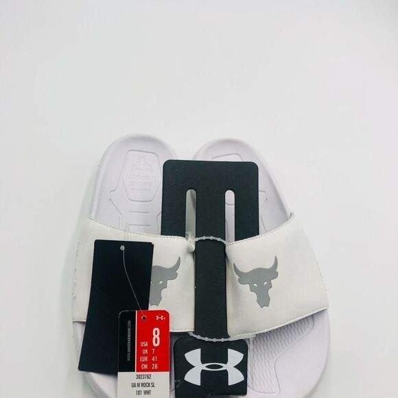 Brand New Under Armour Men\'s Project Rock Sideline White Slides Size 8 Flip Flop
